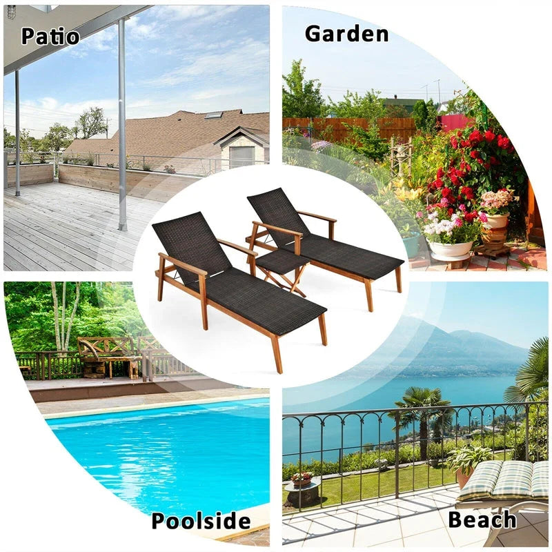 Acacia Wood Amp Rattan Patio Beach Outdoor Chaise Lounge Chairs Pool Sun Lounger Set With Folding Side Table - High Quality S