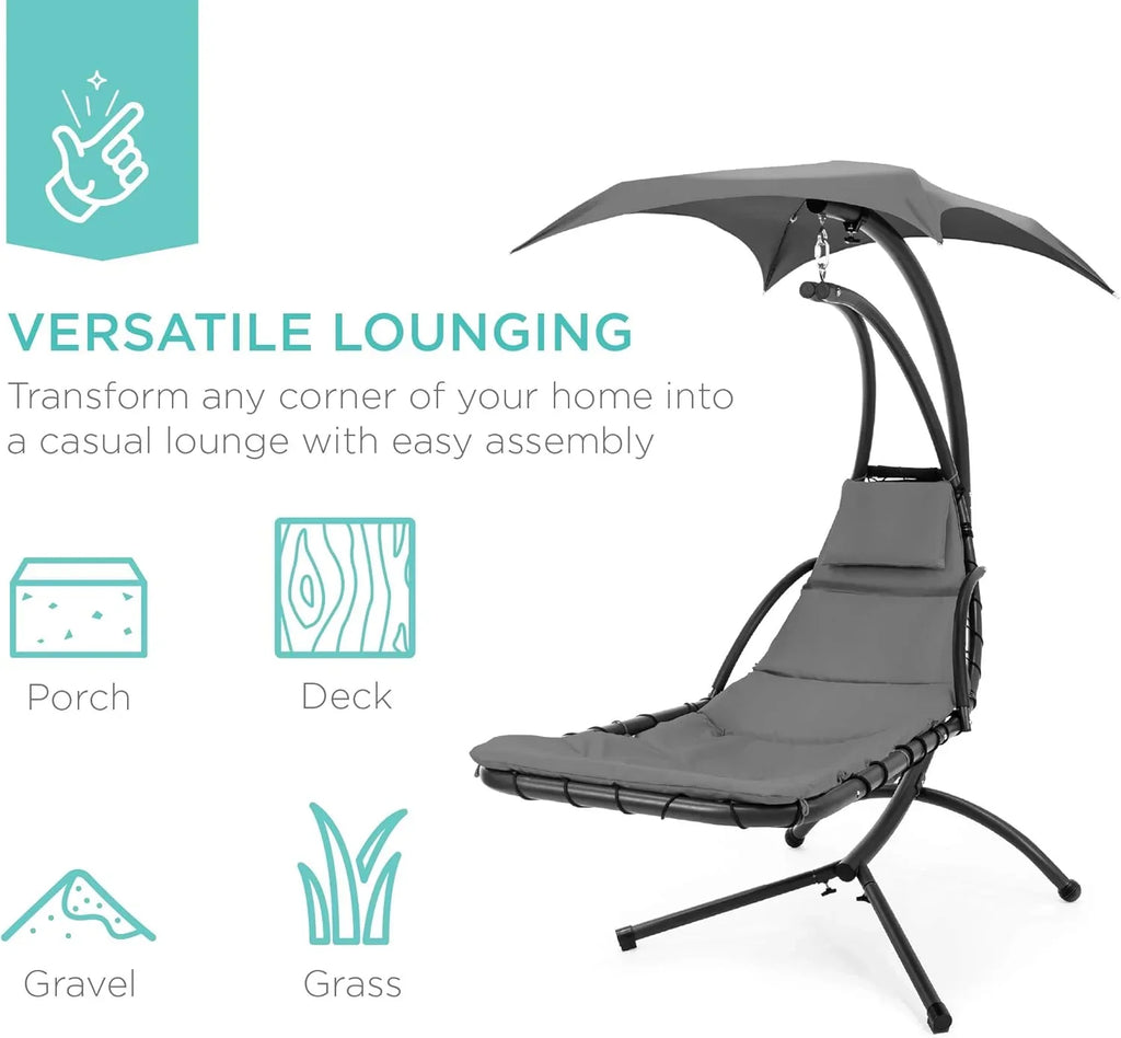 Best Choice Products Outdoor Hanging Curved Steel Chaise Lounge Chair Swing w/Built-in Pillow and Removable Canopy - Charcoal