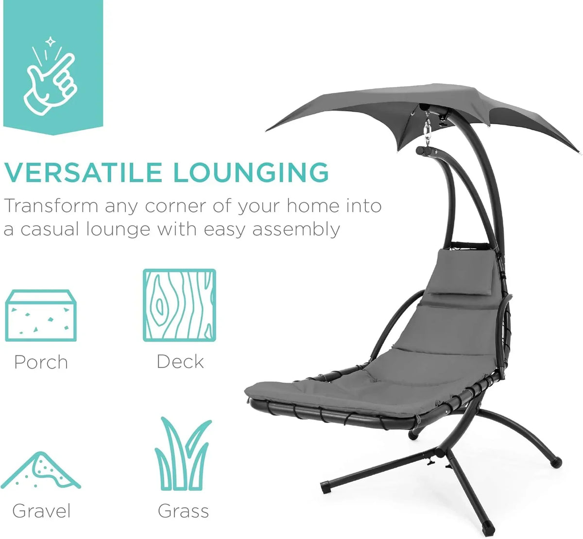Best Choice Products Outdoor Hanging Curved Steel Chaise Lounge Chair Swing w/Built-in Pillow and Removable Canopy - Charcoal