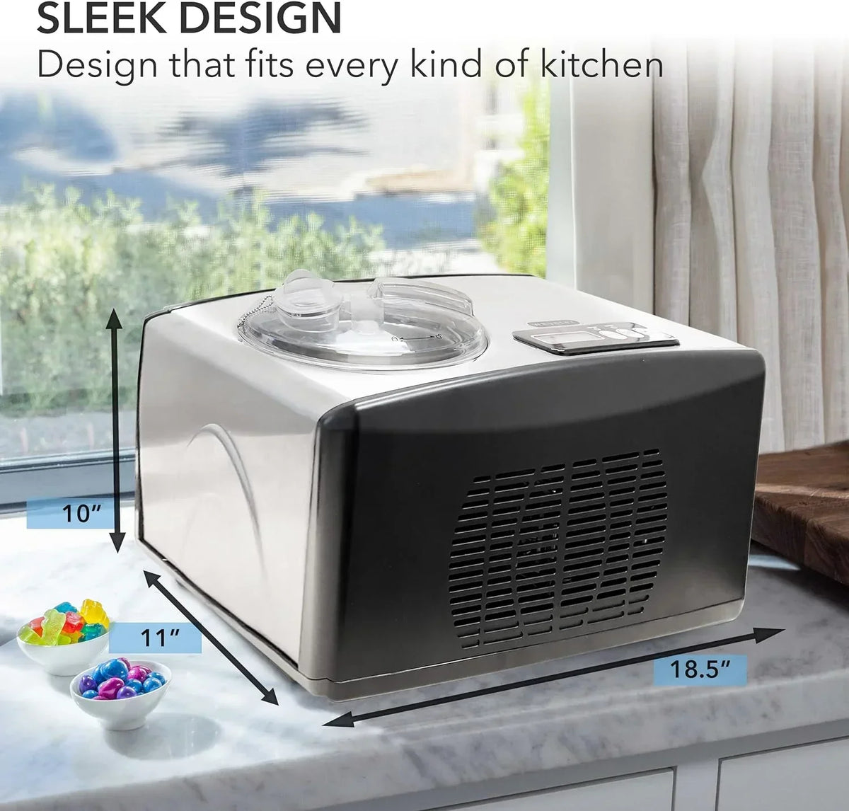 Automatic Ice Cream Maker, 1.6 Quart, Stainless Steel, Built-in Compressor, LCD Display, Timer, Black/Pink