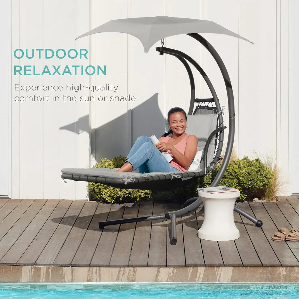 Best Choice Products Outdoor Hanging Curved Steel Chaise Lounge Chair Swing w/Built-in Pillow and Removable Canopy - Charcoal