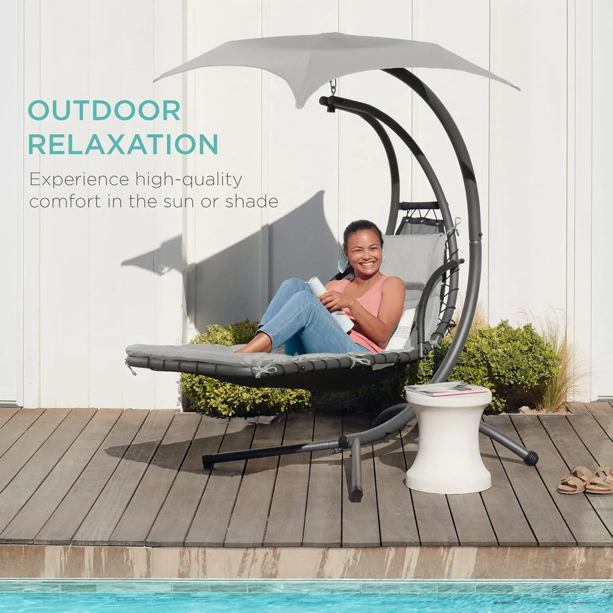 Best Choice Products Outdoor Hanging Curved Steel Chaise Lounge Chair Swing w/Built-in Pillow and Removable Canopy - Charcoal