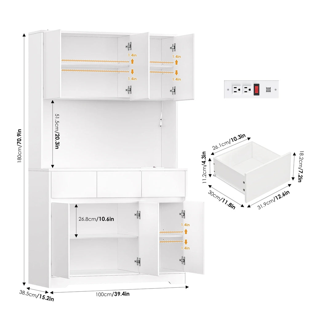 Homfa 70.9'' Tall Kitchen Pantry Cabinet with Charge Station & Led Light, 3 Drawer Storage Cabinet with Adjustable Shelves, White - image 8