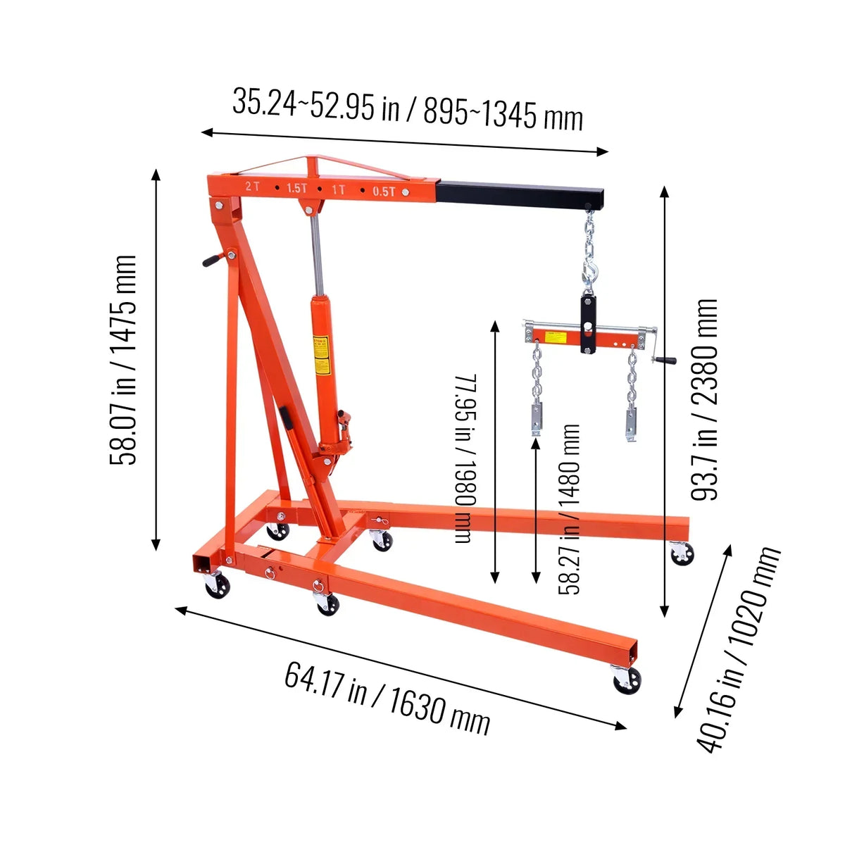2T Folding Engine Hoist with Leveler, 4400 lbs Capacity, Heavy-Duty Hydraulic Cherry Picker Crane - image 2