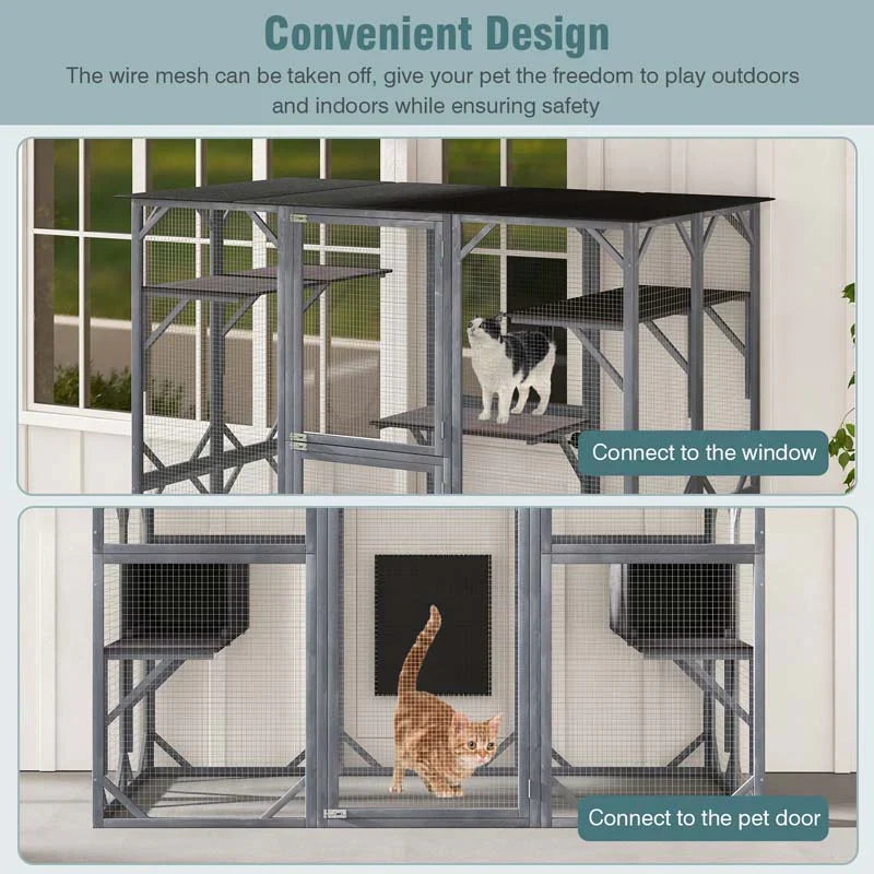 71" Tall Large Cat House Outdoor Catio Kitty Enclosure, Walk-in Cat Kennel Condo, Wooden Cat Cage Playpen with 7 Platforms - image 12
