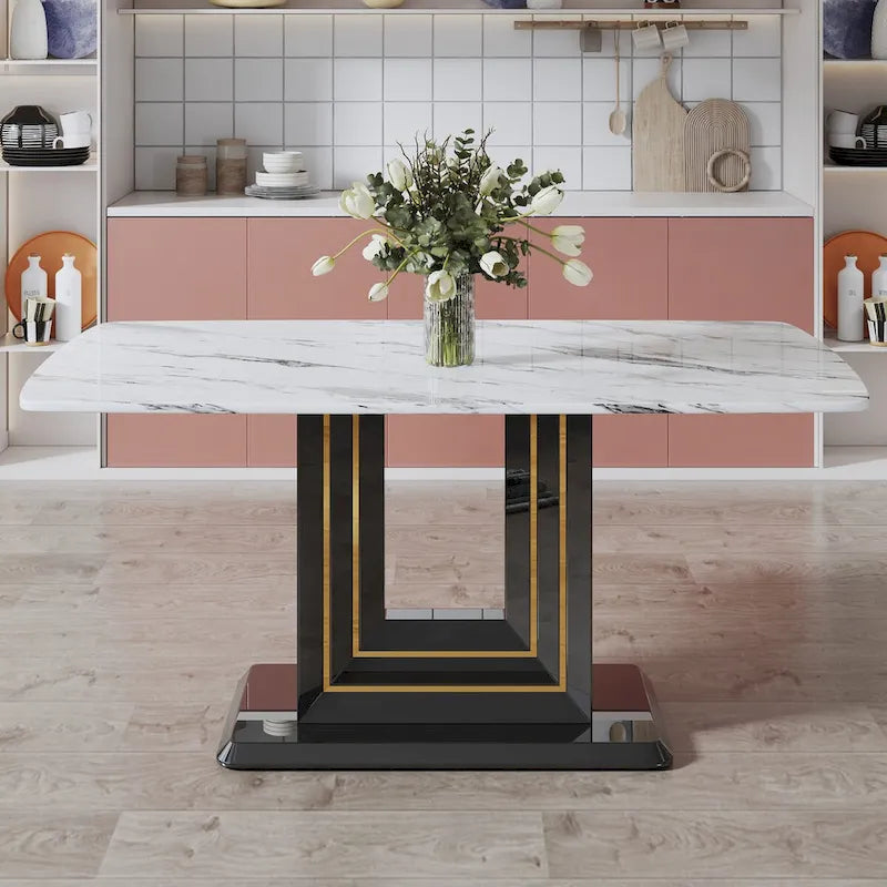 Elegant Dining Table with White Imitation Marble Top, Black MDF Legs Featuring Gold Accents, and a Stylish Black Base - image 3