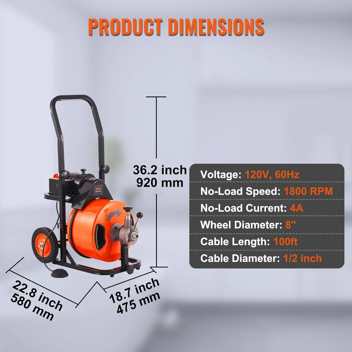 Drain Cleaner Machine 100FT x 1/2Inch, Auto Feed Sewer Snake Auger with 4 Cutter & Air-activated Foot Switch for 1" to 4" Pip