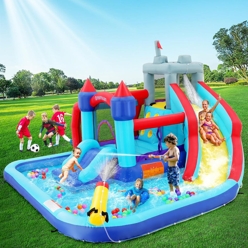 Inflatable Water Slides for Kids 8-in-1 Bounce House Water Park with 450W Blower Climbing Wall, Splash Pool, 2 Water Cannons,