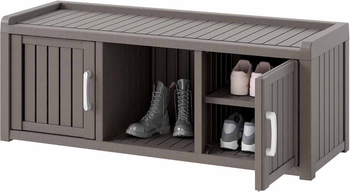 KAMABOKO Outdoor Shoe Storage Cabinet, Waterproof UV-Resistant Entryway Storage Bench Indoor Outdoor with 2 Barn Doors, Adjus