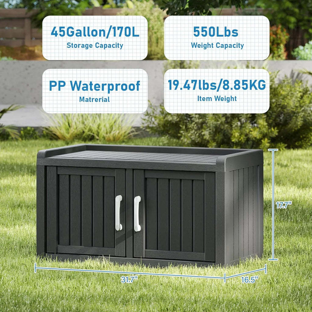 KAMABOKO Outdoor Shoe Storage Cabinet, Waterproof UV-Resistant Entryway Storage Bench Indoor Outdoor with 2 Barn Doors, Adjus