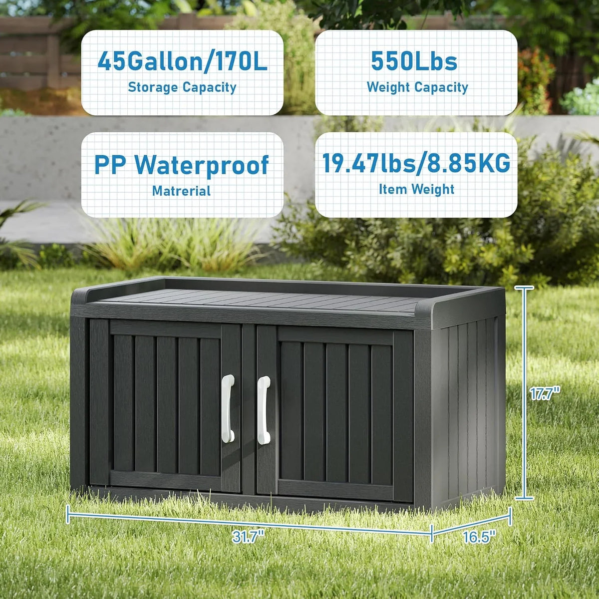KAMABOKO Outdoor Shoe Storage Cabinet, Waterproof UV-Resistant Entryway Storage Bench Indoor Outdoor with 2 Barn Doors, Adjus
