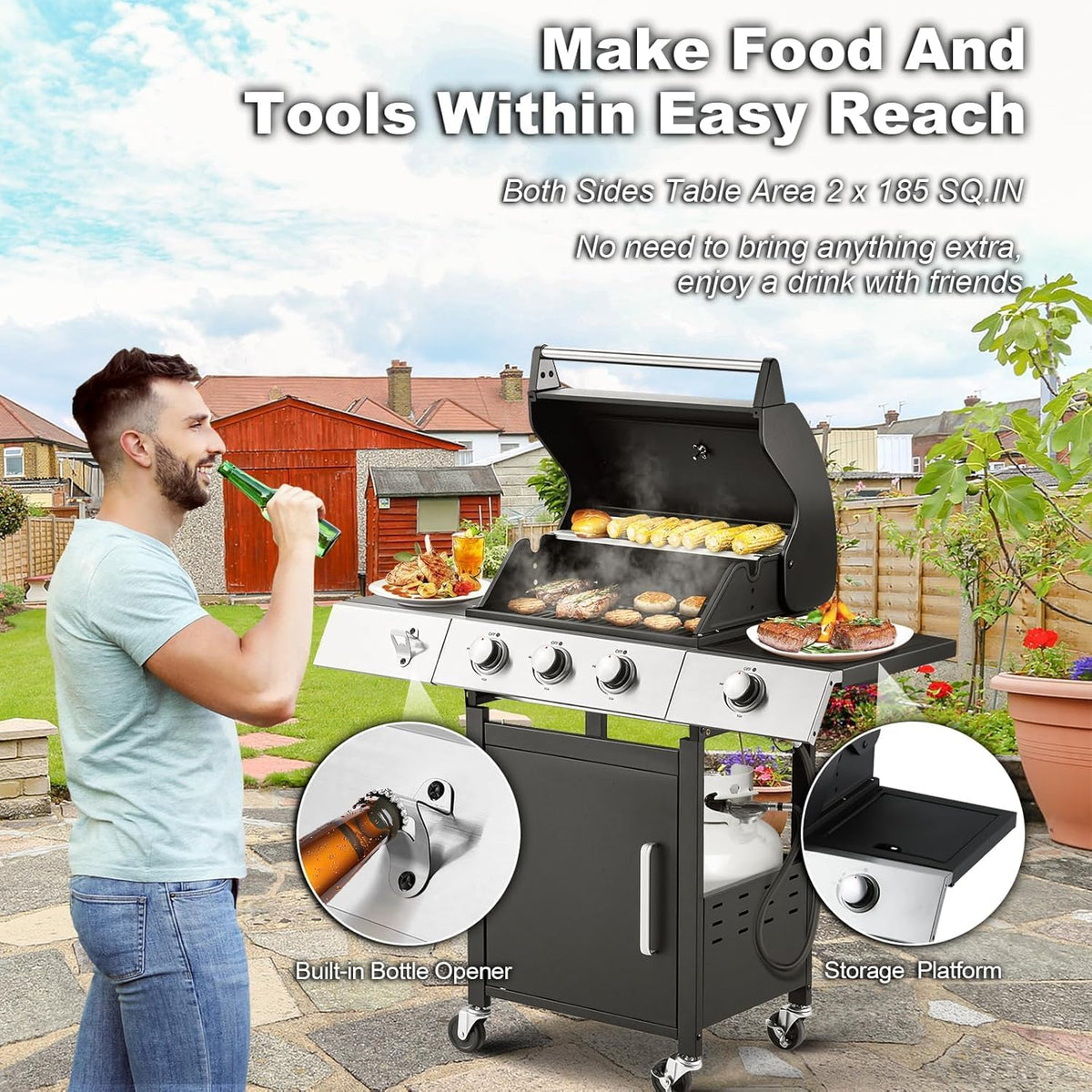 Upgraded 4 Burner BBQ Propane Gas Grill with Cast Iron Grates & Side Stove, 44,000 BTU Stainless Steel Burner Barbecue Grill 