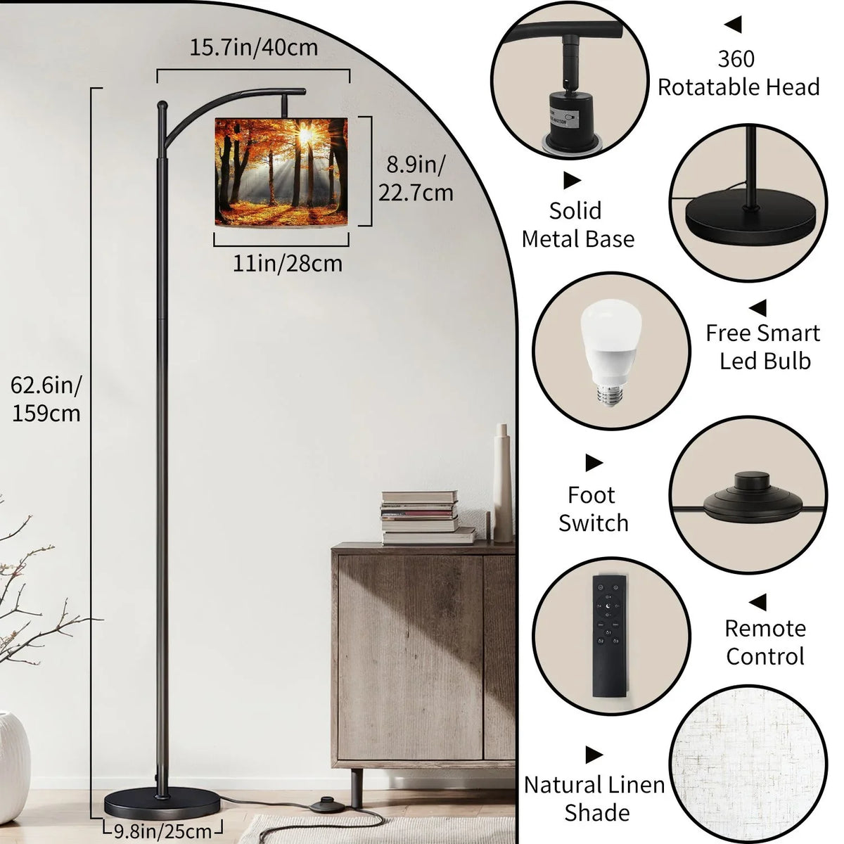 Arc Floor Lamp, 3 Color Temperatures Modern Floor Lamps Fall Autumn Maple Tree Forest Adjustable Tall Standing Reading Lamp with Linen Texture Shade - image 35