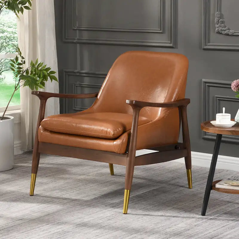 Mid-Century Modern Faux Leather Accent Chair - 29.2", Cushioned Seat, Sturdy Wood Frame, and Brass-Tipped Legs - image 1