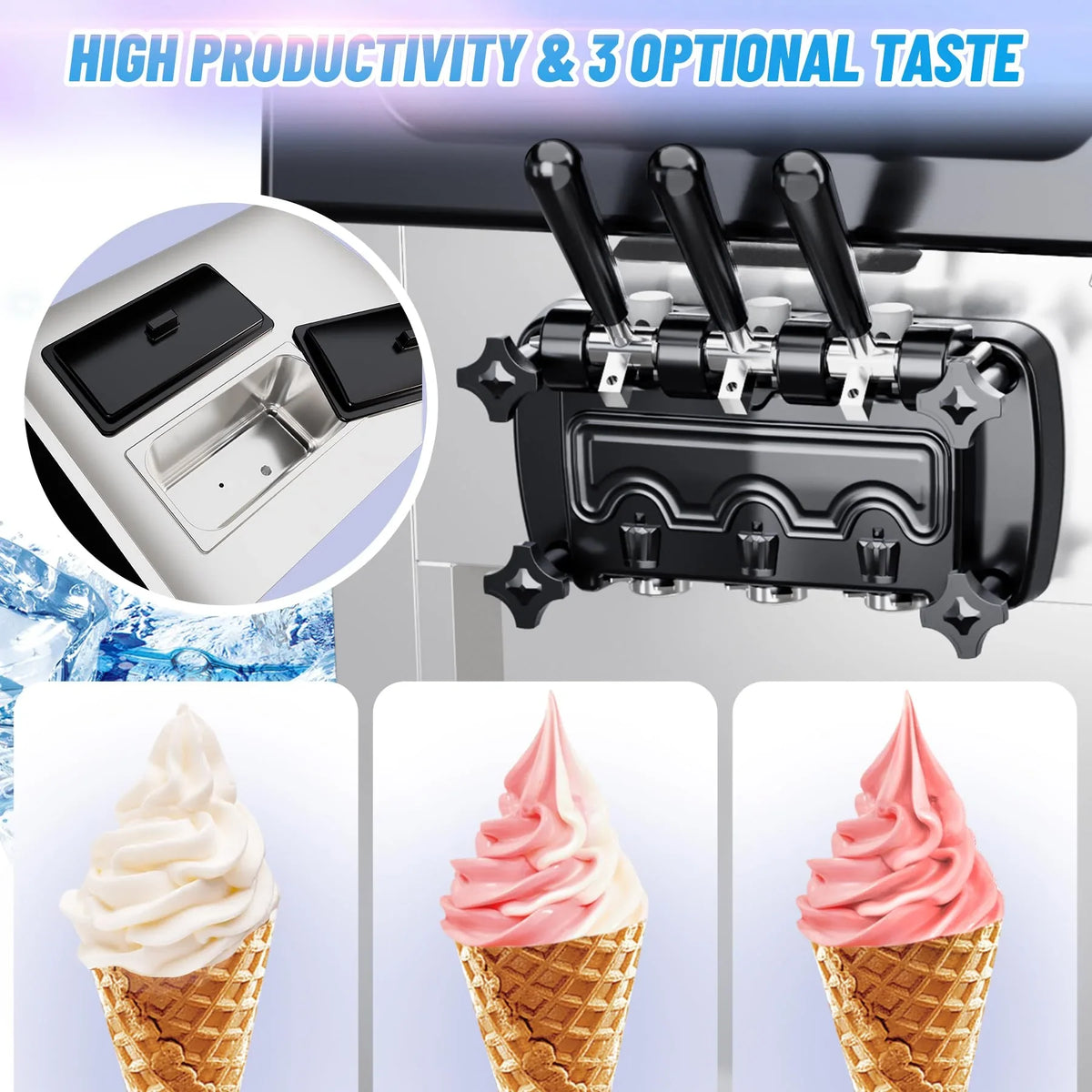 2200W Commercial Ice Cream Machine, 3 Flavor Soft Serve Ice Cream Machine, 5.3-7.4 Gal/Hr, with LCD Touch Screen, Automatic C