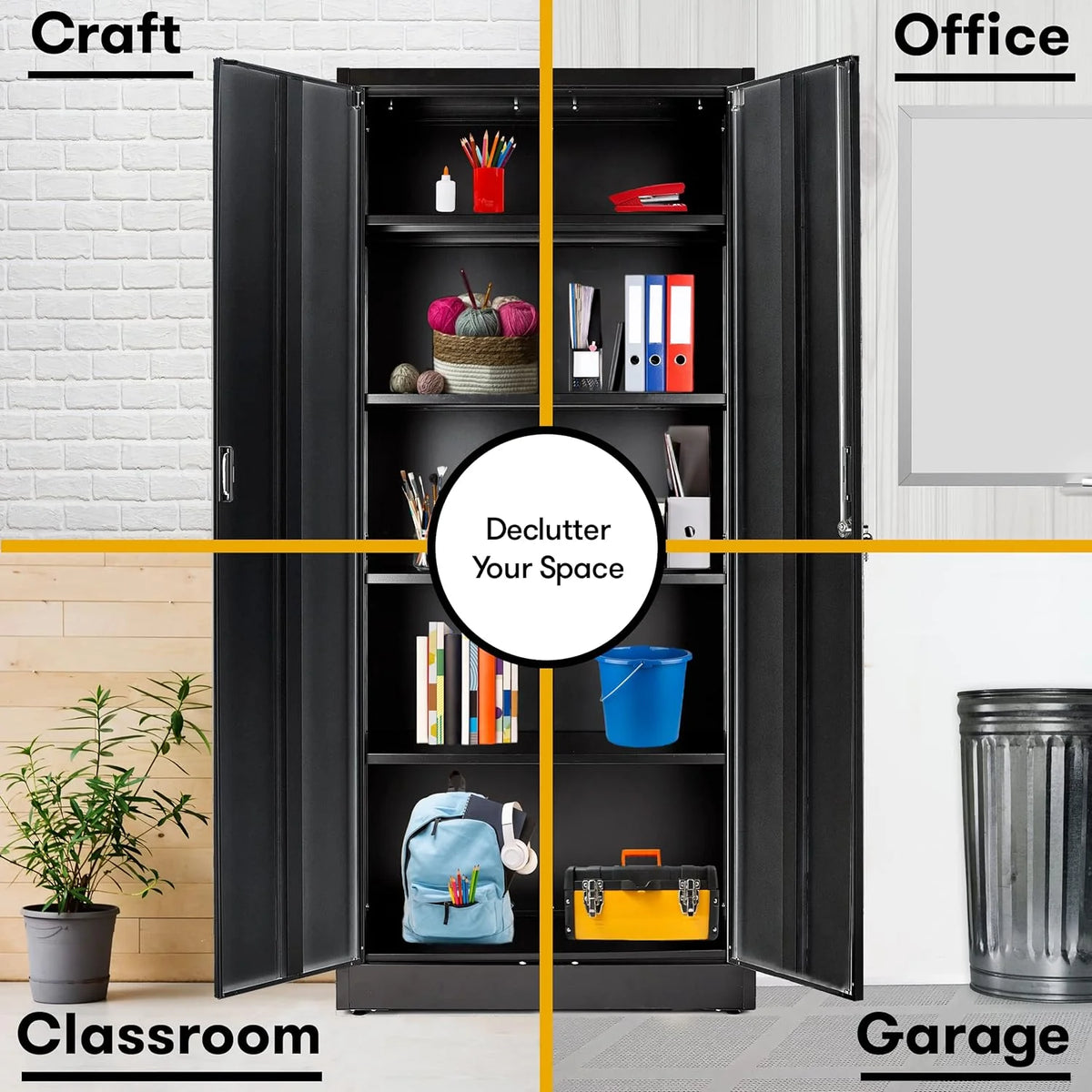 Heavy Duty Metal Garage Locker - 71 "tall large steel multipurpose locker with adjustable shelves and door locks - black and silver - image 3