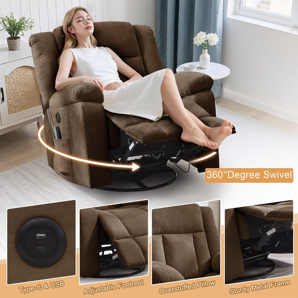 Rocker Recliner, Glider Recliner Chairs for Adults, 360° Swivel Rocking Chair with Massage and Heating, Nursery Chair with Storage and USB Charging for Living Room, Bedroom, Nursery - image 23