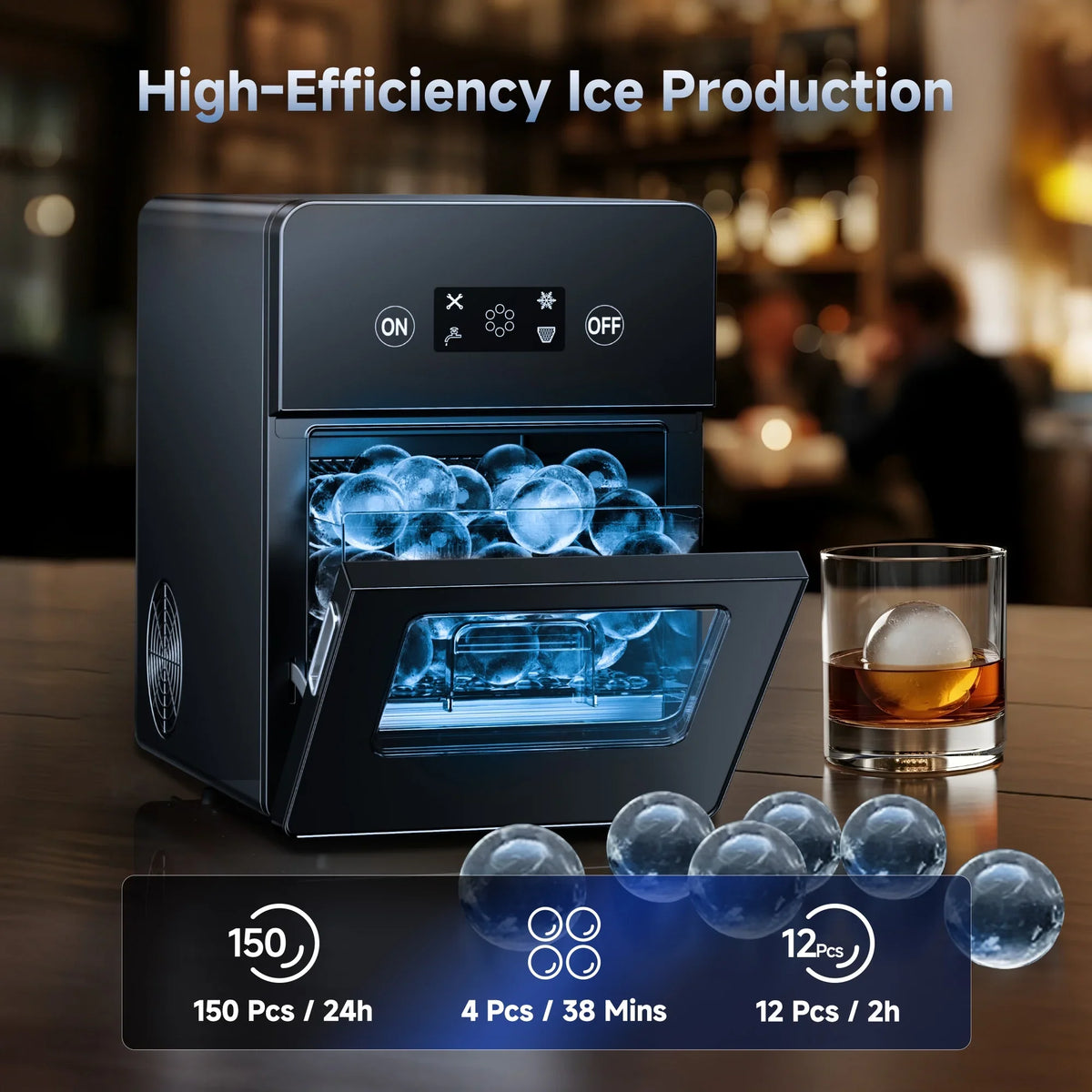 Simzlife Sphere Ice Maker, 10 Pcs/Hour, 150 Pcs/Day, Clear Ice Ball Maker with Enhanced Insulation, with LCD Touch - image 4