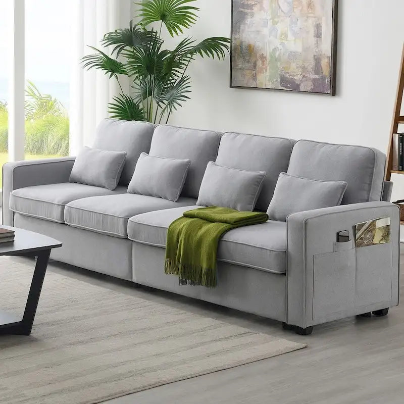 104-Inch Modern Linen Fabric Sofa for 4 with Armrest Pockets and 4 Cushions - image 9