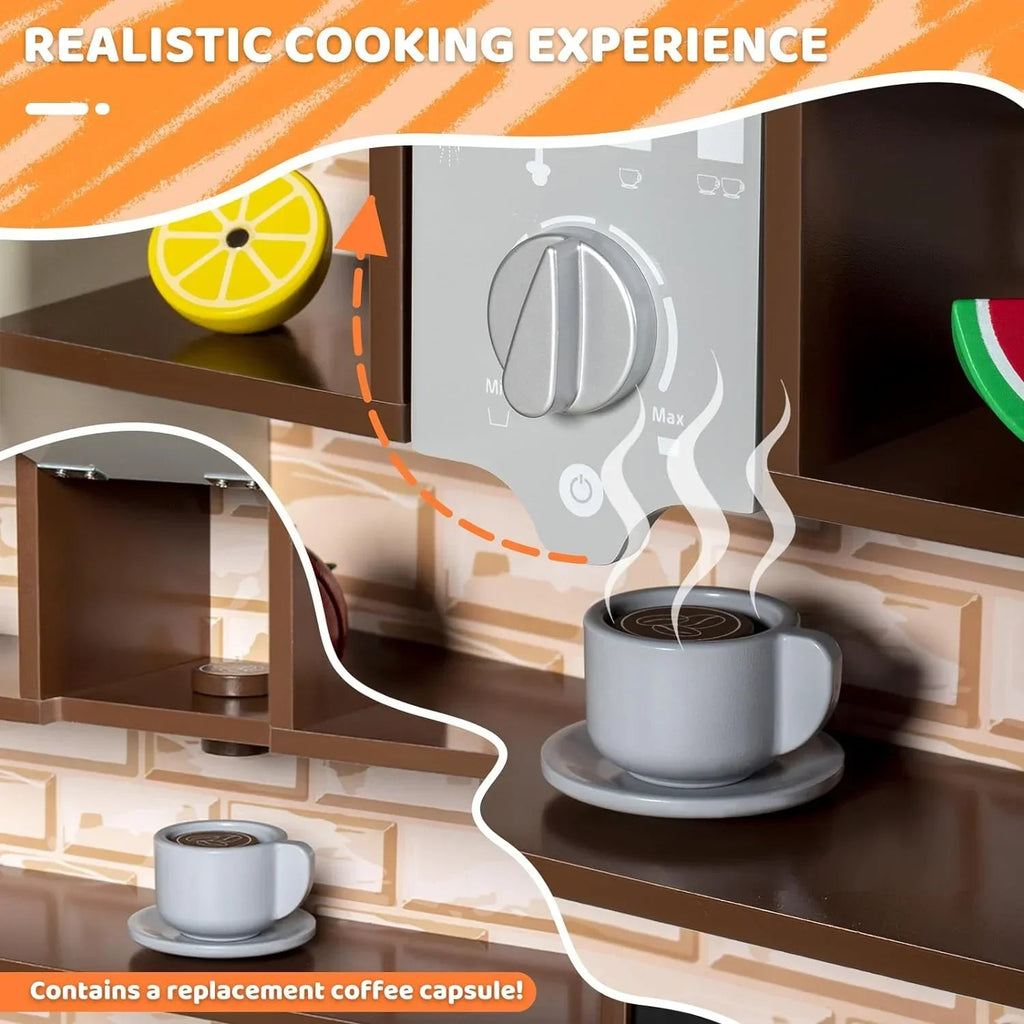 BRINJOY 3-Piece Wooden Kids Play Kitchen Set With Light and Sound - White and Coffee