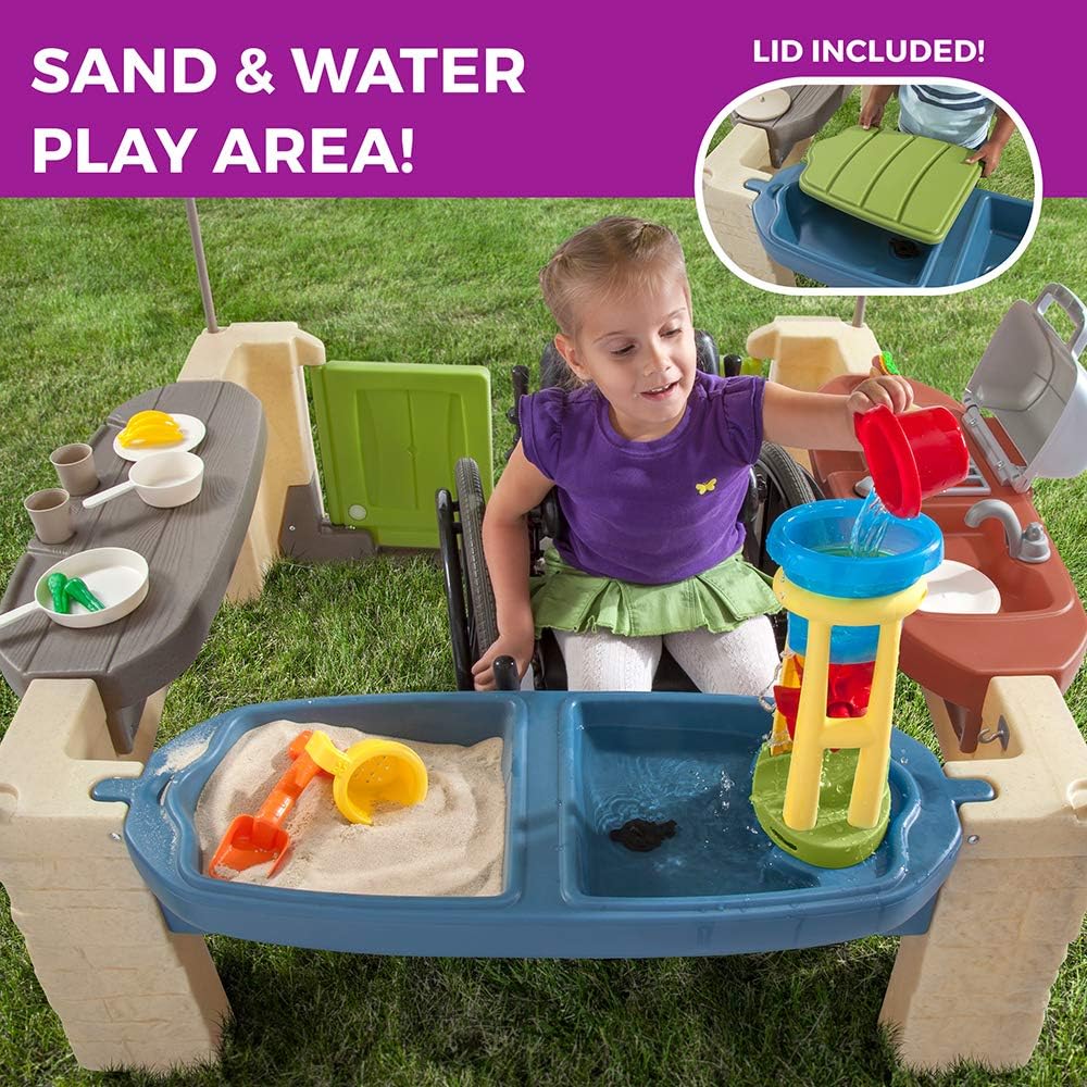 All-round play patio with canopy, kids indoor and outdoor kitchen play set