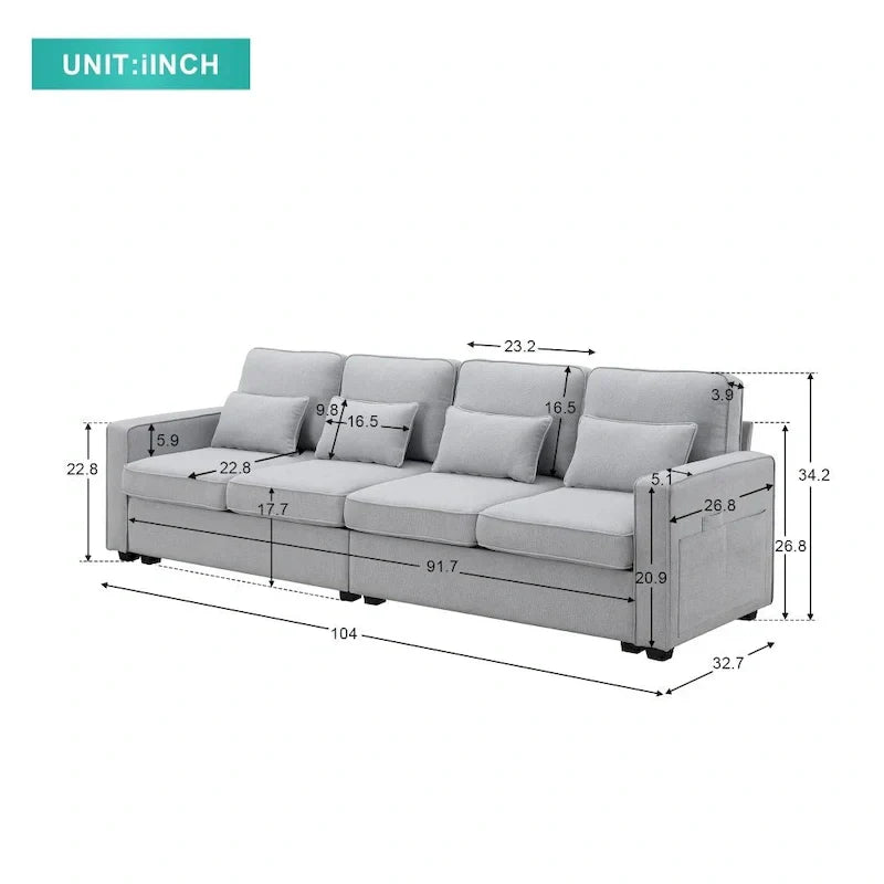 104-Inch Modern Linen Fabric Sofa for 4 with Armrest Pockets and 4 Cushions - image 11