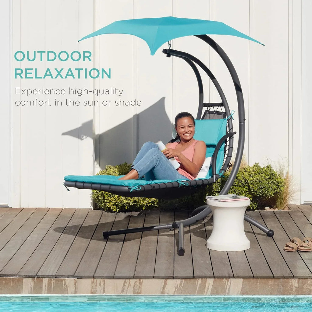 Best Choice Products Outdoor Hanging Curved Steel Chaise Lounge Chair Swing w/Built-in Pillow and Removable Canopy - Charcoal