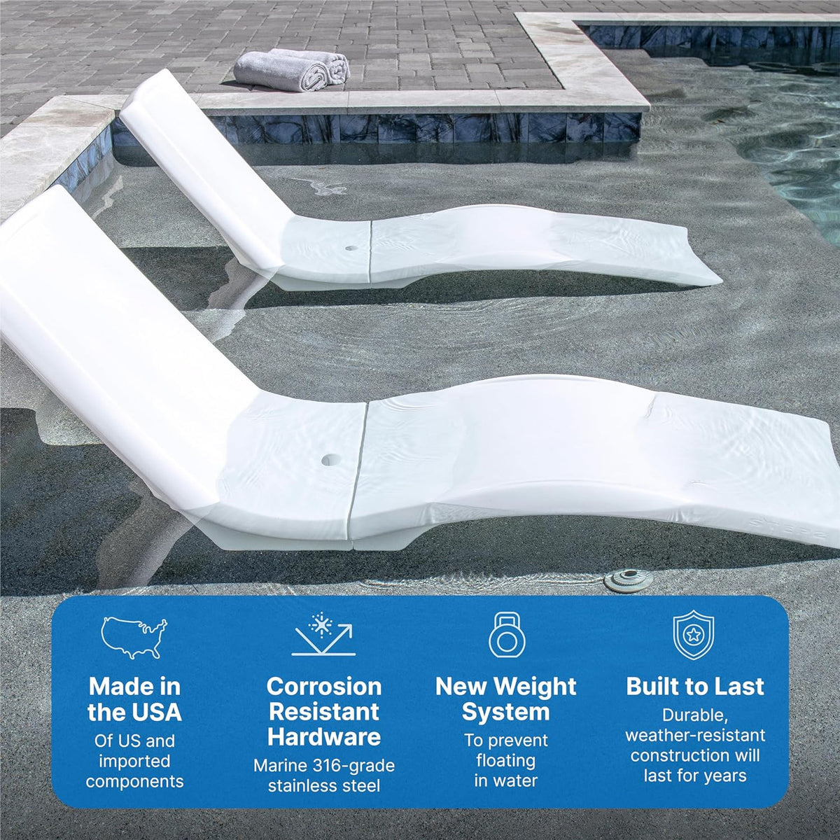 Pool Lounger, Fade-Resistant, Waterproof Patio Furniture, Pool Lounge Chair for Sun Shelf, Use in Pools with Shelves Up to 9-Inches Deep or Outside Pool Deck, Weighted, White - image 16