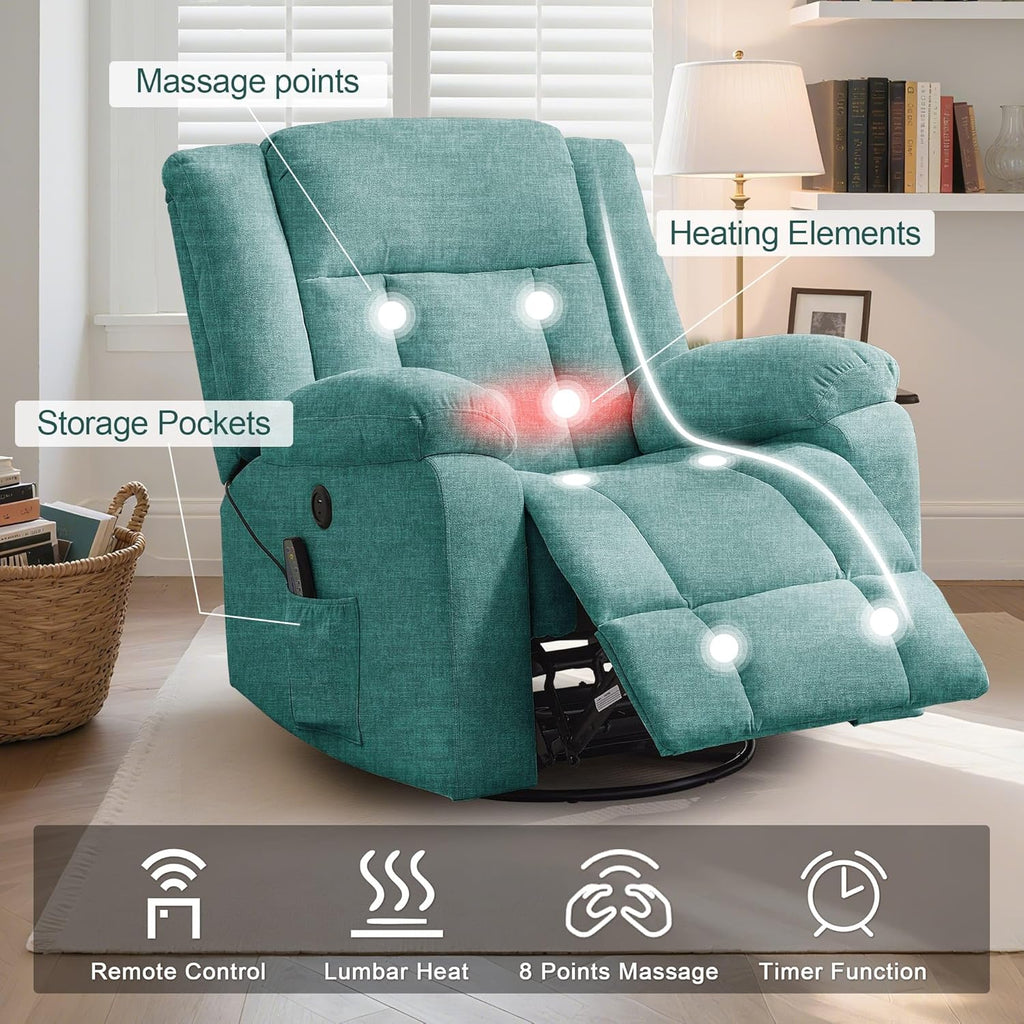Rocker Recliner, Glider Recliner Chairs for Adults, 360° Swivel Rocking Chair with Massage and Heating, Nursery Chair with Storage and USB Charging for Living Room, Bedroom, Nursery - image 29