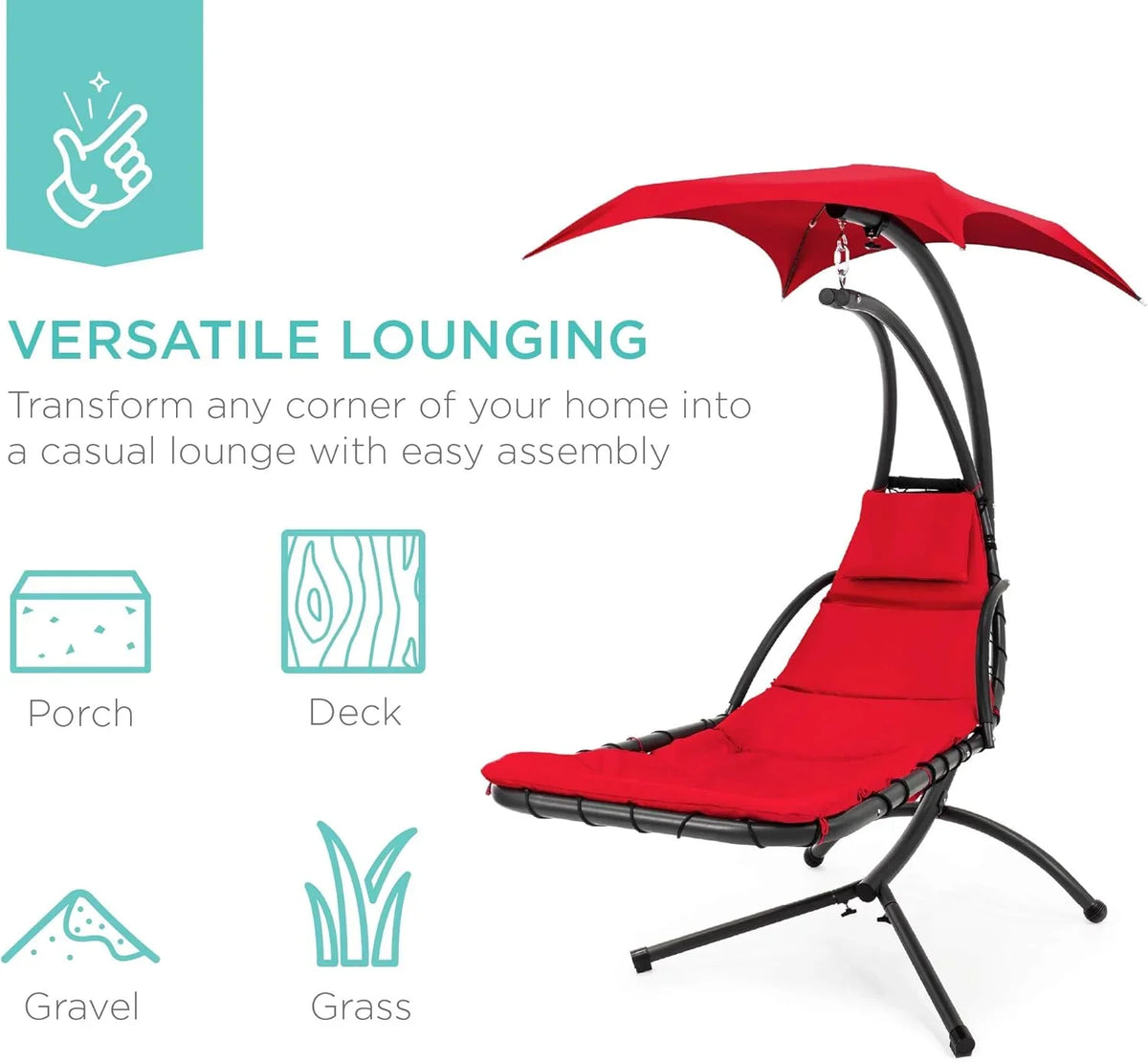Best Choice Products Outdoor Hanging Curved Steel Chaise Lounge Chair Swing w/Built-in Pillow and Removable Canopy - Charcoal