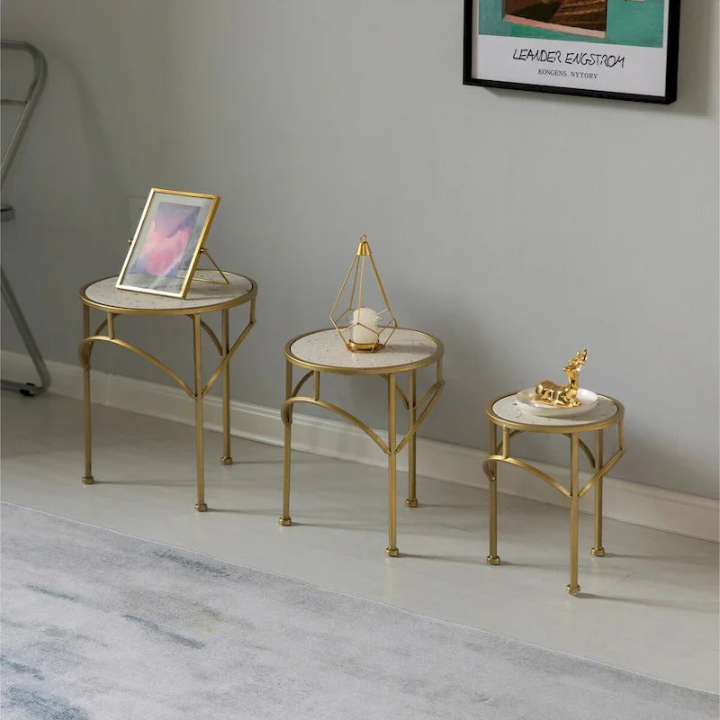 Set of 3 Decorative Gold Metal Round Plant Stands with Modern White Marble Top - Stylish End Side Tables - image 1