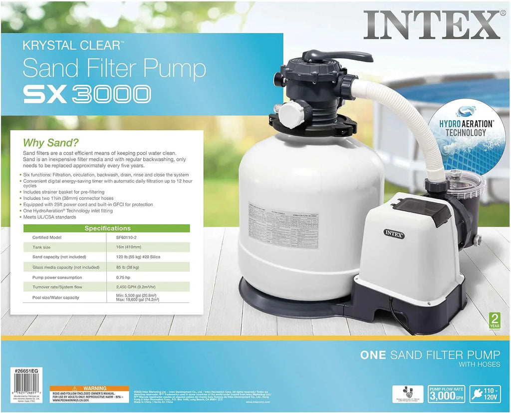 Intex 26651EG Krystal Clear 16 Inch 3,000 GPH Above Ground Pool Sand Filter Pump with Automatic Timer, GFCI, and 6 Function C