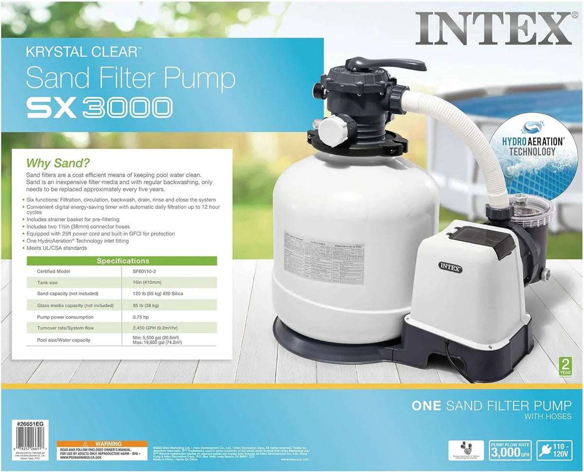 Intex 26651EG Krystal Clear 16 Inch 3,000 GPH Above Ground Pool Sand Filter Pump with Automatic Timer, GFCI, and 6 Function C
