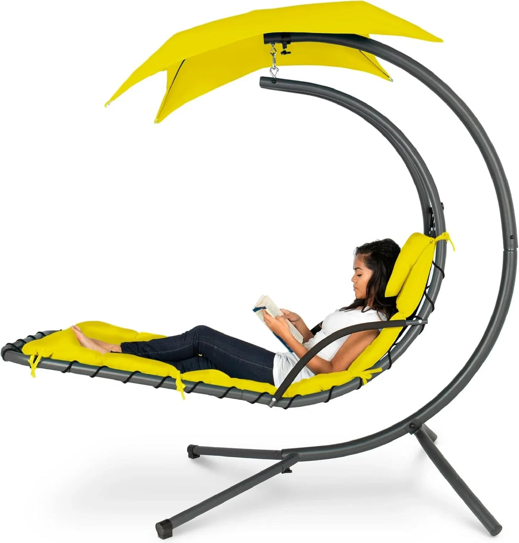 Best Choice Products Outdoor Hanging Curved Steel Chaise Lounge Chair Swing w/Built-in Pillow and Removable Canopy - Charcoal