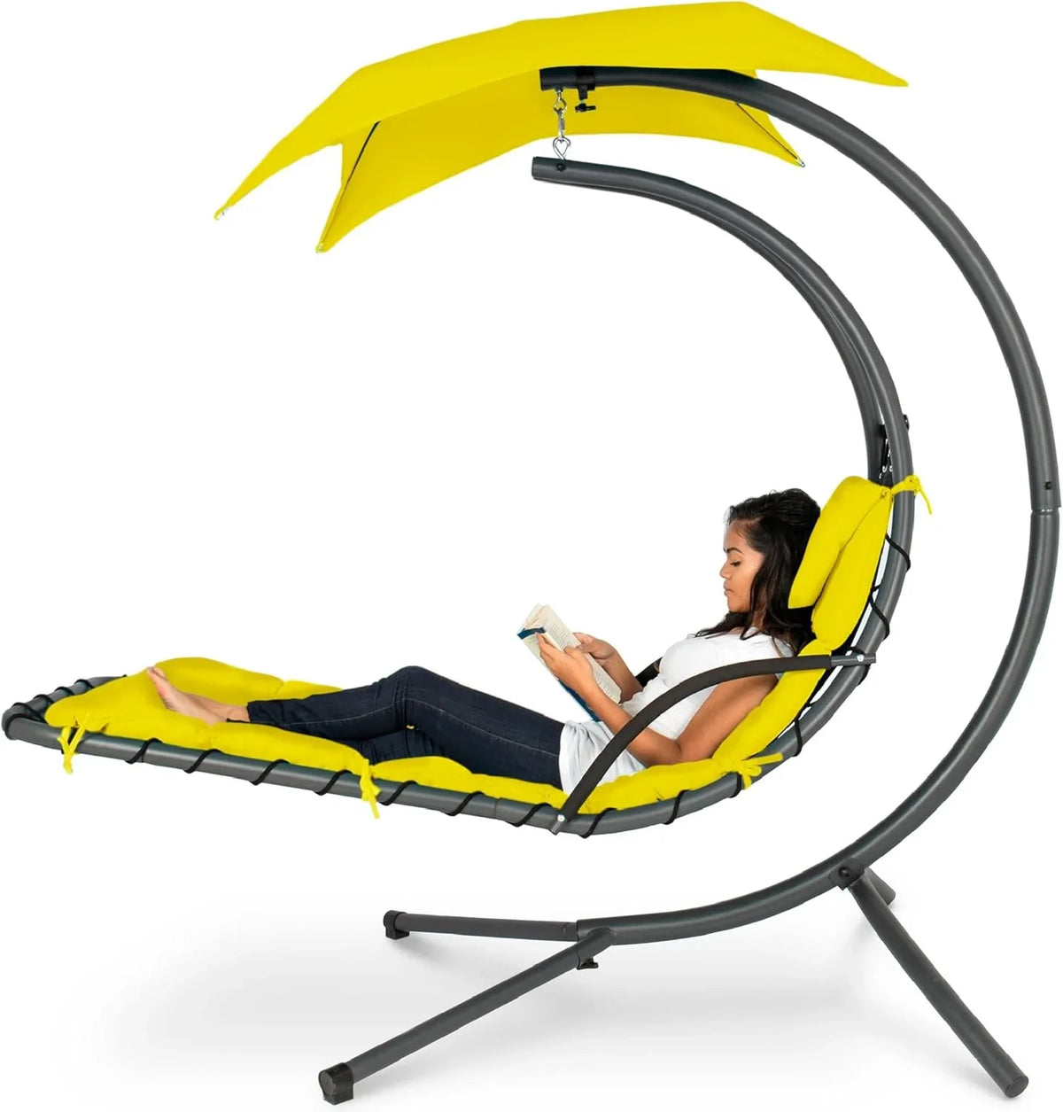 Best Choice Products Outdoor Hanging Curved Steel Chaise Lounge Chair Swing w/Built-in Pillow and Removable Canopy - Charcoal