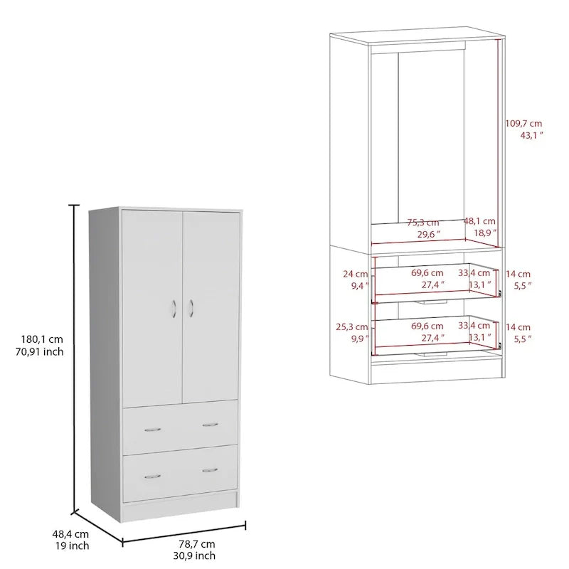 30.9-Inch Contemporary Double-Door Armoire with Two Drawers and Hanging Rod for Bedroom Storage - image 5