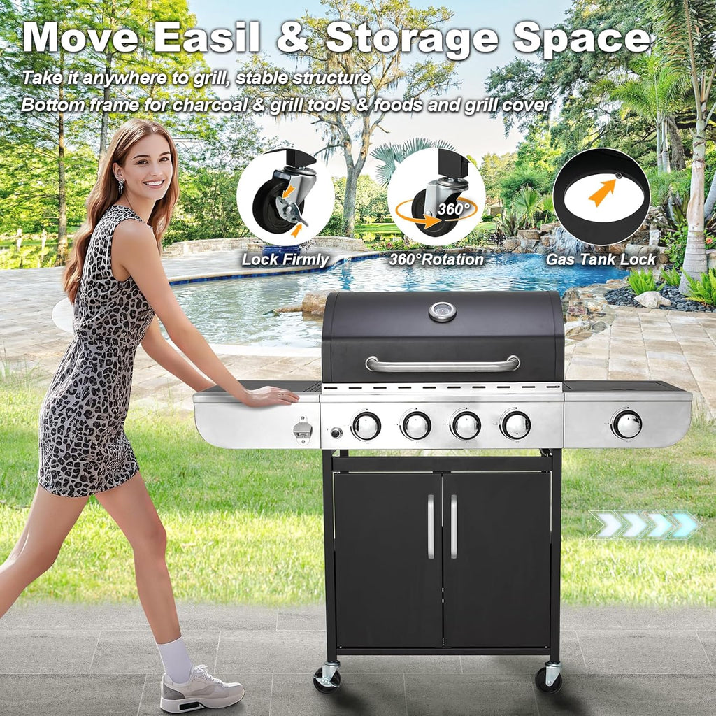 Upgraded 4 Burner BBQ Propane Gas Grill with Cast Iron Grates & Side Stove, 44,000 BTU Stainless Steel Burner Barbecue Grill 