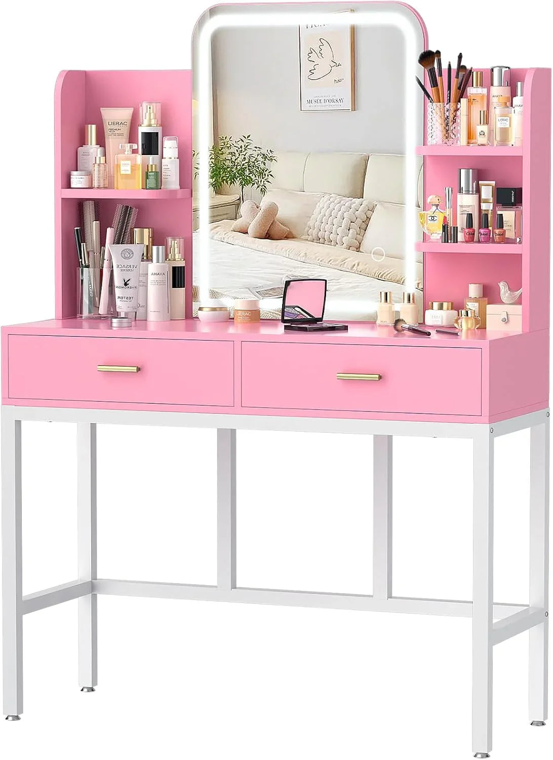 Makeup Vanity Desk with Mirrors, Vanity Set with 2 Storage Drawers and Open Shelves, 3 Colors LED Brightness Adjustable Dress