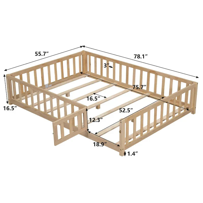 Kids' Full-Size Wooden Floor Bed with Fence and Door - image 22