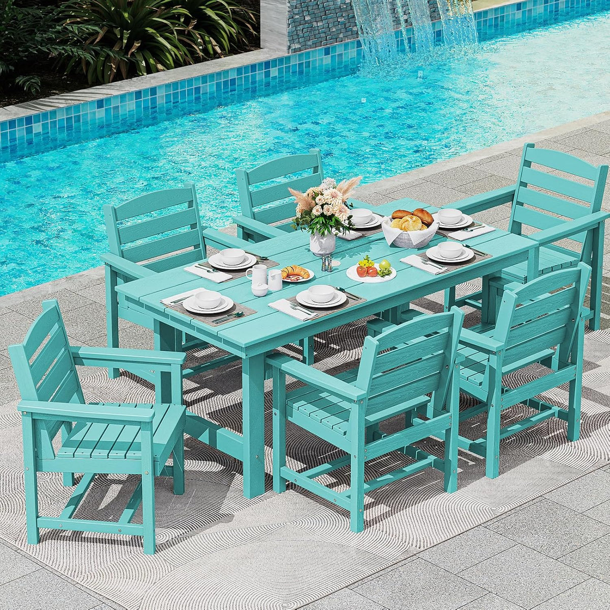 SERWALL 7-Piece Patio Table Set, Outdoor HDPE Dining Furniture with Umbrella Hole, All Weather Table and Chairs for Lawn, Garden, Poolside, Aruba - image 42