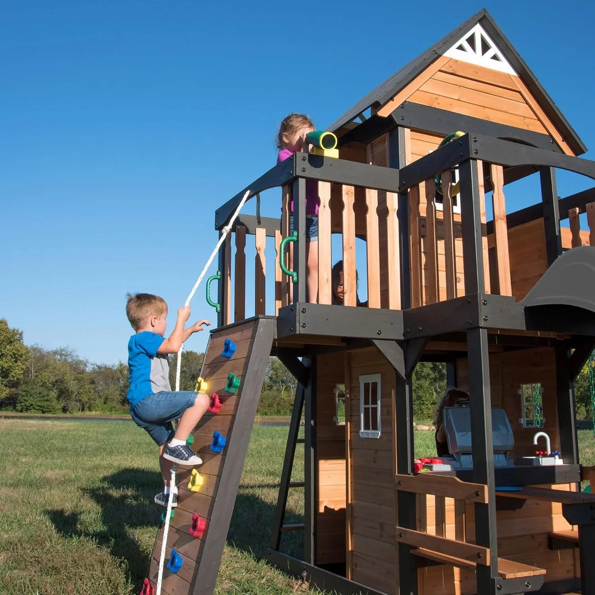 Canyon Creek Cedar Wood Swing Set with Wave Slide, Clubhouse, Play Kitchen, Picnic Area, Belt Swings, Web Swing, Rock Wall, B