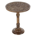 Intricately Carved Dark Brown Mango Wood Accent Table with Elephant or Floral Design and Turned Base - Roche River Decor - image 4