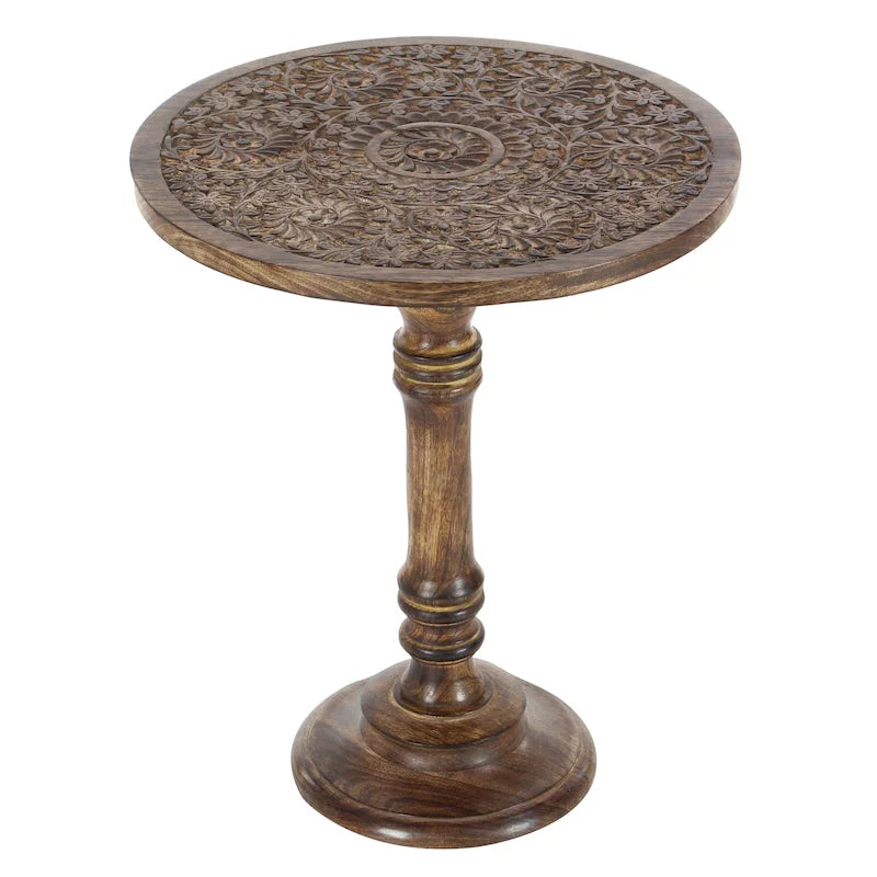Intricately Carved Dark Brown Mango Wood Accent Table with Elephant or Floral Design and Turned Base - Roche River Decor - image 4