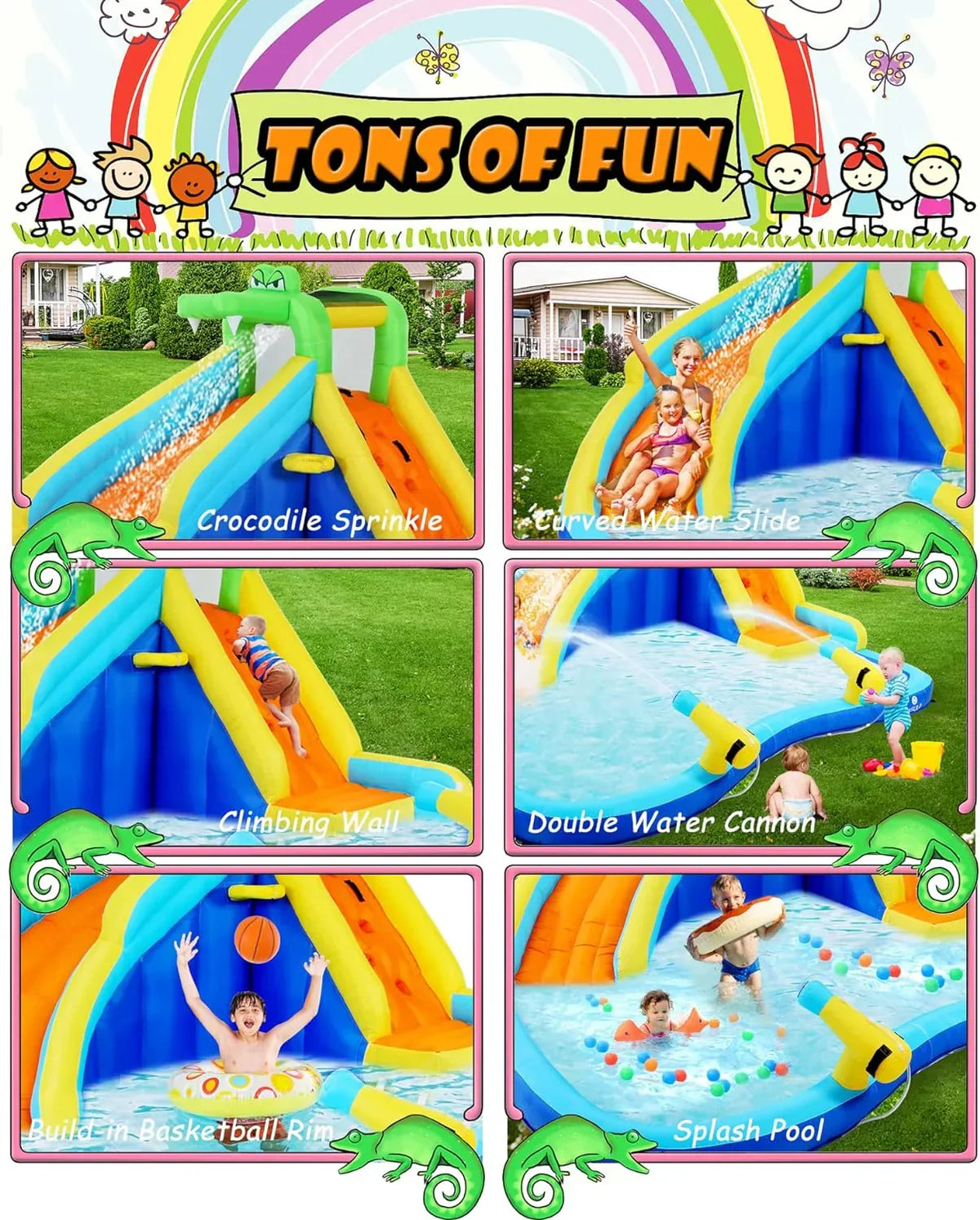Inflatable Water Slides for Kids 8-in-1 Bounce House Water Park with 450W Blower Climbing Wall, Splash Pool, 2 Water Cannons,