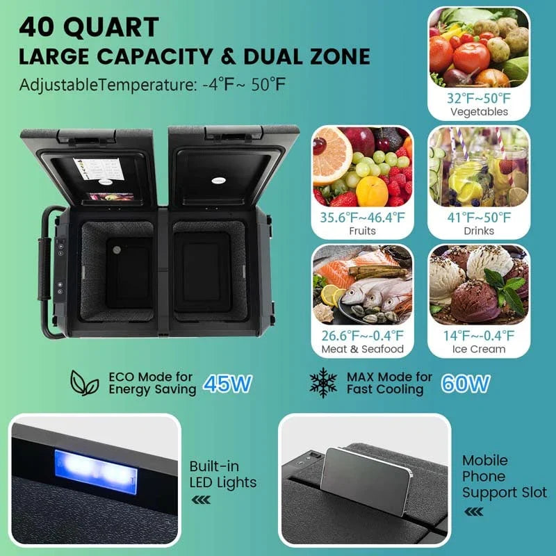 40-Quart Dual-zone Car Refrigerator with Wheels, 12V/24V DC & 100-240V AC Portable Car Fridge Cooler Freezer - image 15