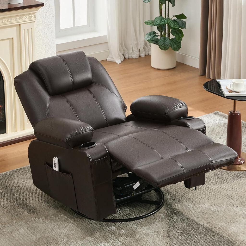 Oversized Swivel Rocker Recliner Chair with Heat and Massage, 360 Degree Swivel Rocking Single Sofa with Cup Holders and USB Port, Large Big Recliner Chair for Living Room (Leather, Brown) - image 45