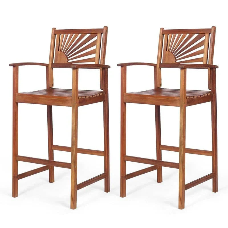 2 Pack Acacia Wood Bar Stools Outdoor Patio Bar Chairs With Sunflower Backrest Amp Curved Armrests - Comfortable And Ergonomi