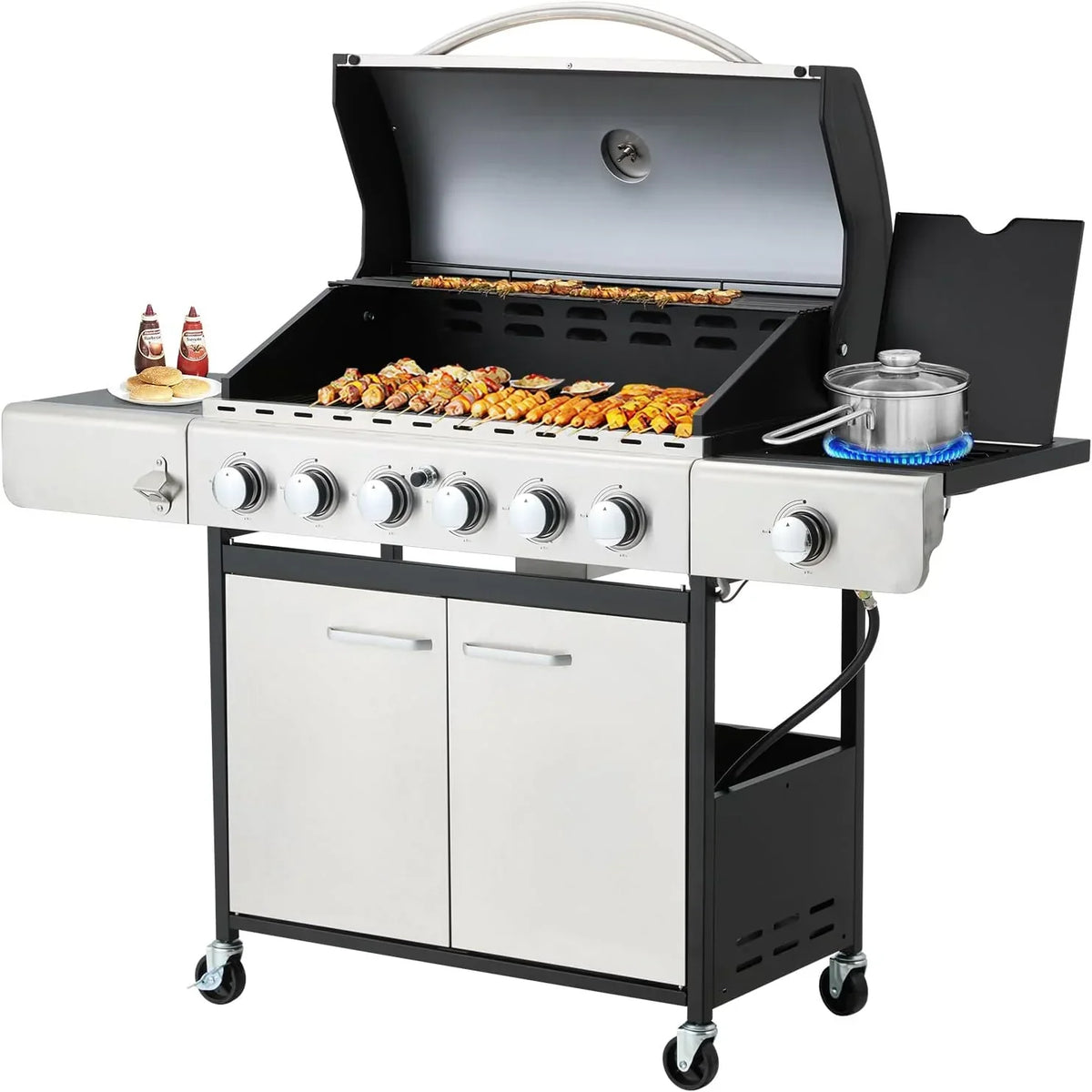 Upgraded 4 Burner BBQ Propane Gas Grill with Cast Iron Grates & Side Stove, 44,000 BTU Stainless Steel Burner Barbecue Grill 