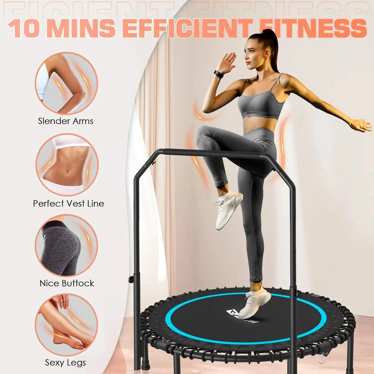 BCAN 450/550 LBS Foldable Mini Trampoline, 40"/48" Fitness Trampoline with Bungees, U Shape Adjustable Foam Handle, Stable & Quiet Exercise Rebounder for Adults Indoor/Outdoor Workout - image 23