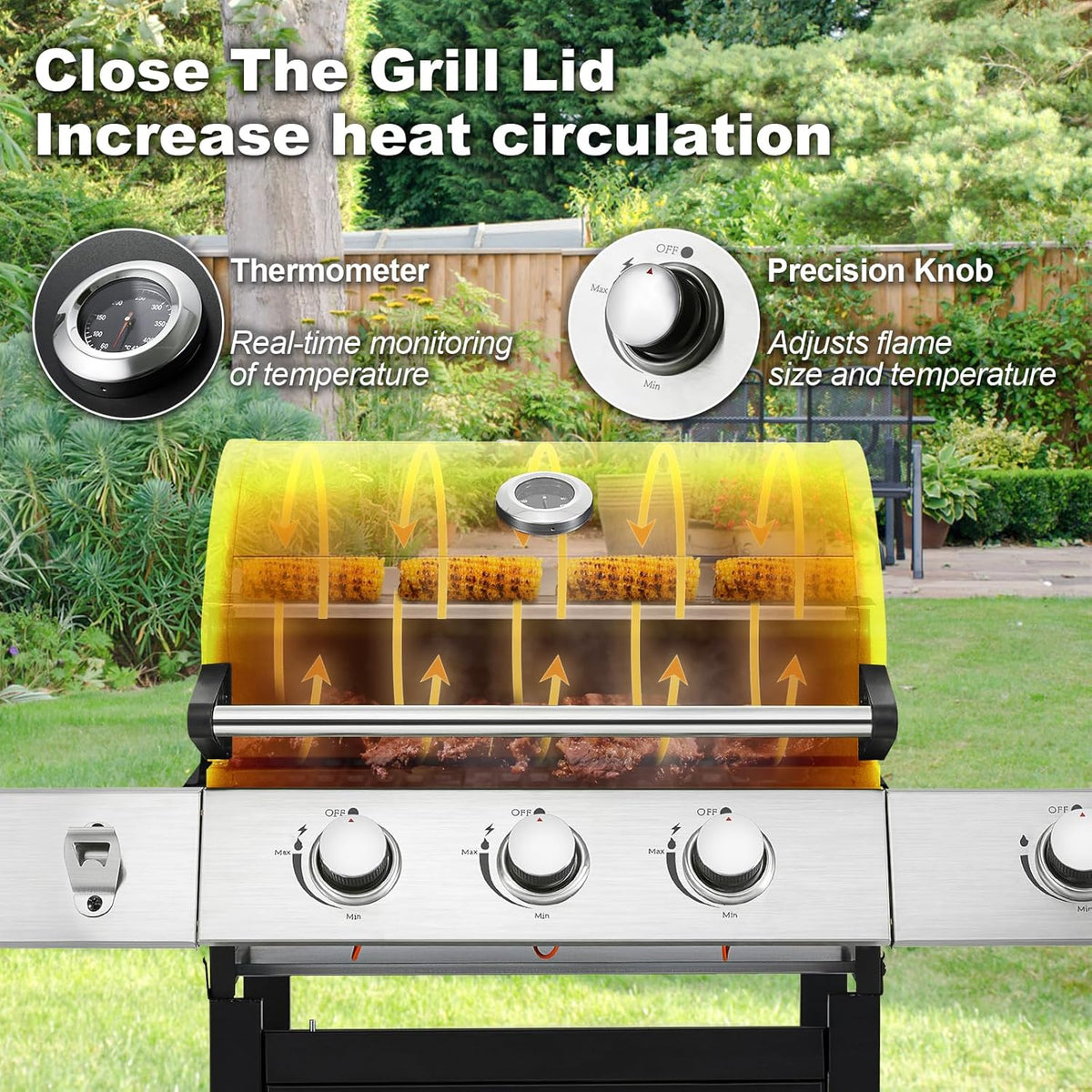 Upgraded 4 Burner BBQ Propane Gas Grill with Cast Iron Grates & Side Stove, 44,000 BTU Stainless Steel Burner Barbecue Grill 